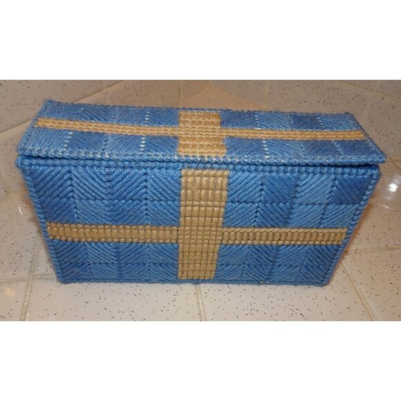 Vintage Blue Plastic Canvas Coaster Set 8 with Holder needlepoint handmade retro - Picture 6 of 10